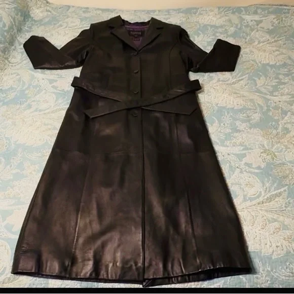Wilson’s Leather Pelle Studio blk leather duster coat, lrg, purple liner, nice! - Picture 1 of 13